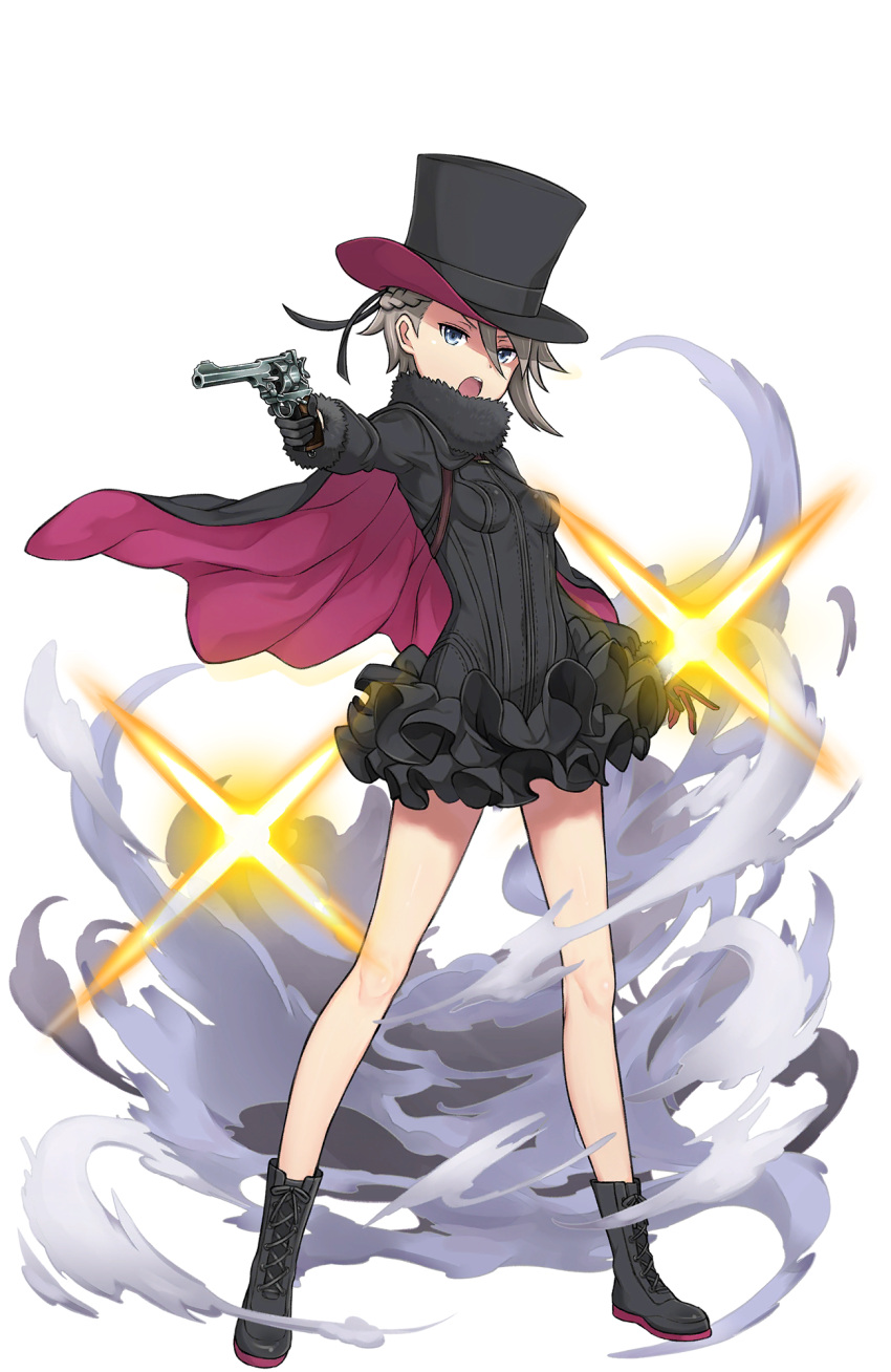 1girl :o ange_(princess_principal) black_boots black_cape black_gloves black_hat boots braid breasts cape full_body gloves gun hat highres holding holding_gun holding_weapon looking_at_viewer official_art princess_principal princess_principal_game_of_mission silver_hair small_breasts solo standing top_hat weapon webley-fosbery_automatic_revolver