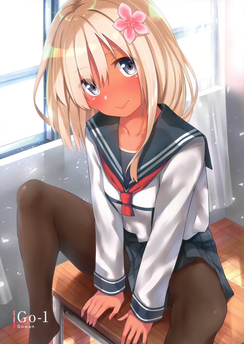 1girl absurdres alternate_costume artist_name black_skirt blonde_hair blush brown_legwear classroom collarbone curtains day desk eyebrows_visible_through_hair eyes_visible_through_hair flower go-1 grey_eyes hair_between_eyes hair_flower hair_ornament highres indoors kantai_collection long_hair looking_at_viewer on_desk pantyhose ro-500_(kantai_collection) scan school_desk school_uniform serafuku sitting skirt smile solo spread_legs tan tanline window