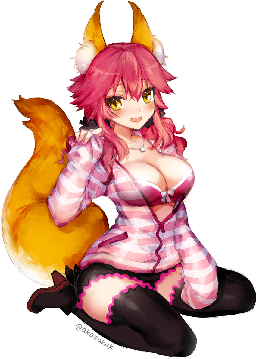 1girl :d akasakak animal_ears black_legwear blush boots breasts cleavage fate/extra fate_(series) fox_ears fox_tail high_heels highres jewelry necklace open_mouth pink_hair simple_background sitting smile solo tail tamamo_(fate)_(all) tamamo_no_mae_(fate) thigh-highs wariza white_background yellow_eyes