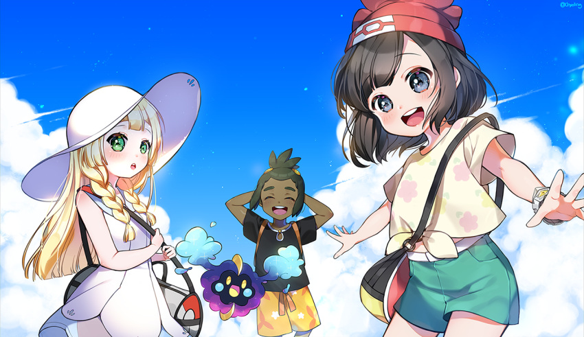 1boy 2girls ^_^ arms_behind_head bag beanie black_hair blonde_hair blue_eyes blue_sky blush braid chyoling closed_eyes clouds cloudy_sky cosmog dark_skin dark_skinned_male day dress green_eyes hat hau_(pokemon) lillie_(pokemon) long_hair looking_at_viewer mizuki_(pokemon_sm) multiple_girls open_mouth pokemon pokemon_(game) pokemon_sm shirt short_hair short_sleeves shorts sky sleeveless sleeveless_dress smile sun_hat tied_hair twin_braids