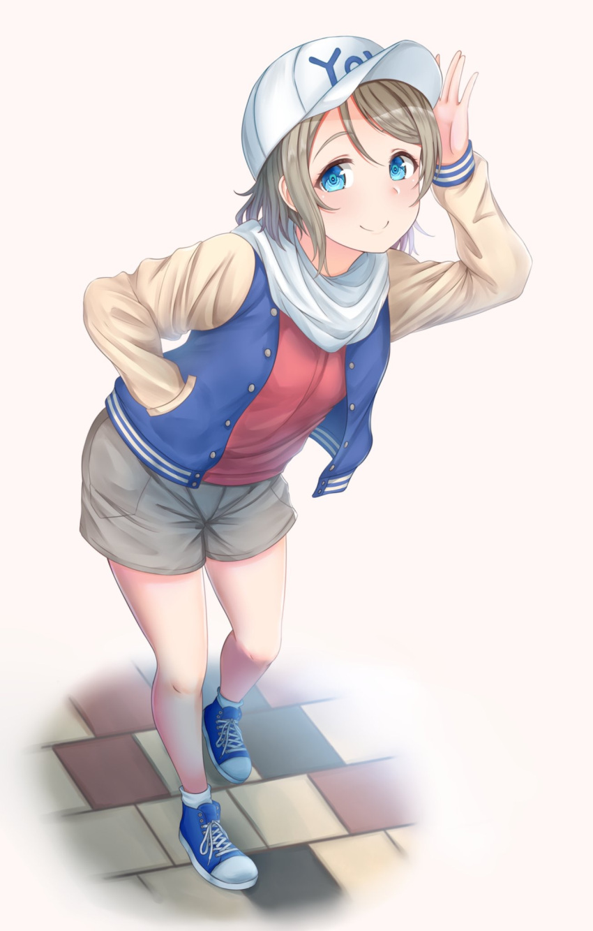 1girl arm_up blue_eyes blush brown_hair character_name closed_mouth eyebrows_visible_through_hair hand_in_pocket hat highres looking_at_viewer love_live! love_live!_sunshine!! rama_(yu-light8) shoes shorts smile sneakers solo watanabe_you white_hat