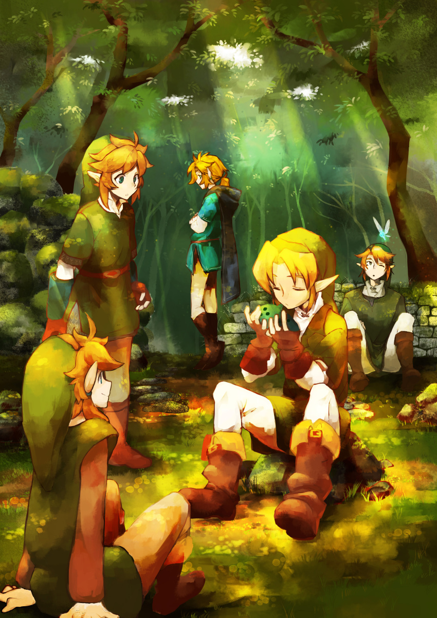 5boys absurdres aqua_shirt belt blonde_hair blue_cape blue_eyes boots brown_boots cape closed_mouth commentary_request crossed_arms dappled_sunlight earrings fingerless_gloves forest gloves grass green_eyes green_shirt highres instrument jewelry legs_crossed link long_hair long_sleeves looking_at_another looking_to_the_side looking_up male_focus medium_hair moss multiple_boys multiple_persona music nature navi ocarina one_eye_closed outdoors pants parted_lips path playing_instrument pointy_ears ponytail red_gloves rinu road shirt short_over_long_sleeves short_sleeves sitting smile standing stone_wall sunlight the_legend_of_zelda the_legend_of_zelda:_a_link_to_the_past the_legend_of_zelda:_breath_of_the_wild the_legend_of_zelda:_ocarina_of_time the_legend_of_zelda:_skyward_sword the_legend_of_zelda:_twilight_princess wall white_pants white_shirt