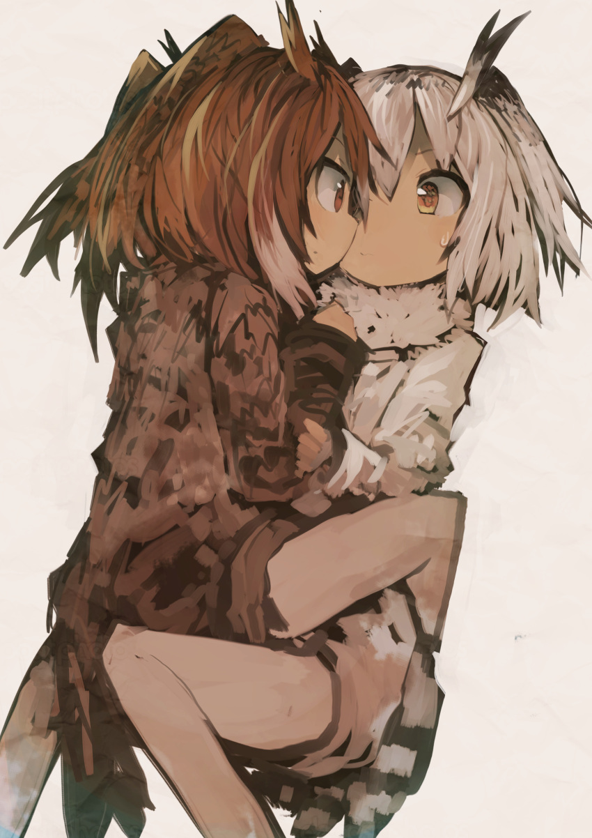 2girls absurdres brown_hair closed_mouth clush coat drooling eurasian_eagle_owl_(kemono_friends) face-to-face full_body fur_trim head_wings highres kaamin_(mariarose753) kemono_friends long_sleeves looking_at_another looking_at_viewer multiple_girls northern_white-faced_owl_(kemono_friends) pantyhose ramen red_eyes short_hair sitting sitting_on_lap sitting_on_person sweatdrop white_hair white_legwear yellow_eyes yuri