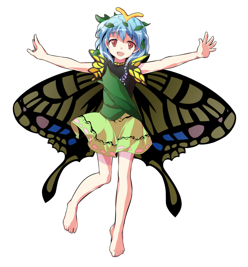 1girl :d alphes_(style) antennae barefoot butterfly_wings commentary_request dairi dress eternity_larva eyebrows_visible_through_hair fairy full_body hair_between_eyes leaf leaf_on_head looking_at_viewer medium_hair multicolored multicolored_clothes multicolored_dress open_mouth parody simple_background smile solo style_parody touhou wings