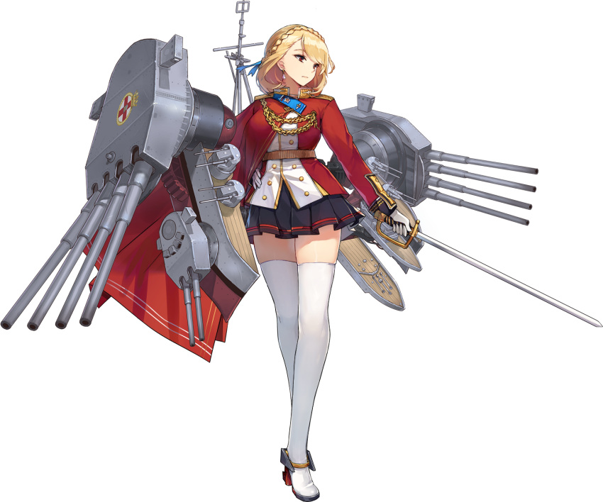 aiguillette bcat bilan_hangxian blonde_hair bob_cut boots braid breasts earrings french_braid gloves hand_on_hip highres jewelry official_art pleated_skirt prince_of_wales_(bilan_hangxian) red_eyes rigging skirt sword thigh-highs thigh_boots weapon
