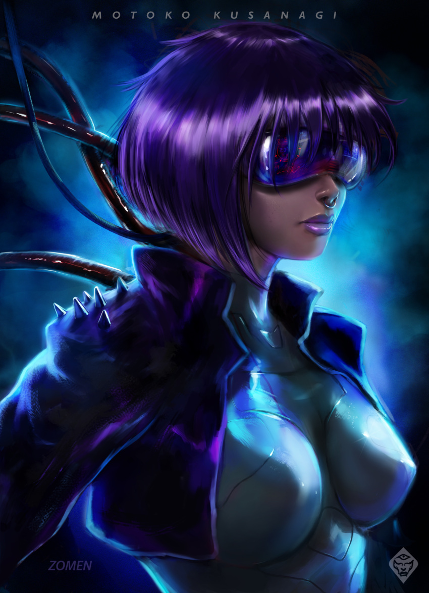 1girl absurdres bodysuit breasts cable character_name cropped_jacket cyborg ghost_in_the_shell ghost_in_the_shell_stand_alone_complex heads-up_display highres kusanagi_motoko lipstick makeup medium_breasts nose_ring purple_hair purple_lipstick short_hair skin_tight solo visor zomen