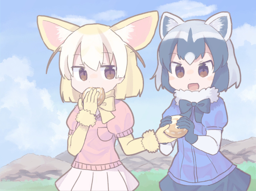 2girls :d animal_ears black_bow black_bowtie black_gloves black_hair black_skirt blonde_hair blue_shirt bow bowtie breast_pocket brown_eyes clouds colo_(frypan_soul) common_raccoon_(kemono_friends) day eating extra_ears fennec_(kemono_friends) food food_in_mouth fox_ears fur_collar giving gloves grey_hair highres holding holding_food japari_bun kemono_friends looking_at_another miniskirt mountain multicolored_hair multiple_girls open_mouth outdoors pink_sweater pleated_skirt pocket raccoon_ears shirt short_hair short_sleeves skirt sky smile sweater white_skirt yellow_bow yellow_bowtie yellow_gloves