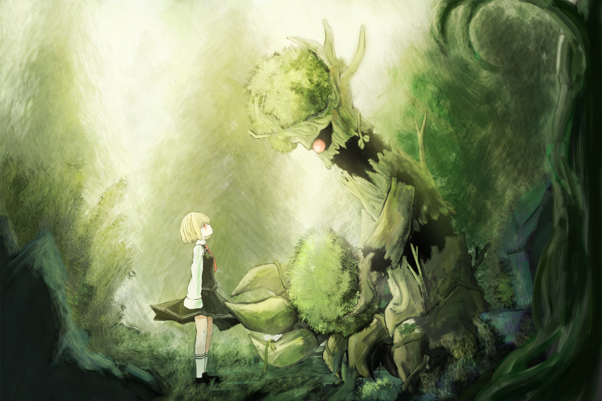 1girl arms_at_sides black_shoes black_skirt blonde_hair eye_contact green looking_at_another outdoors pokemon pokemon_(creature) profile red_eyes rumia sarise0916 shoes skirt socks standing touhou trevenant