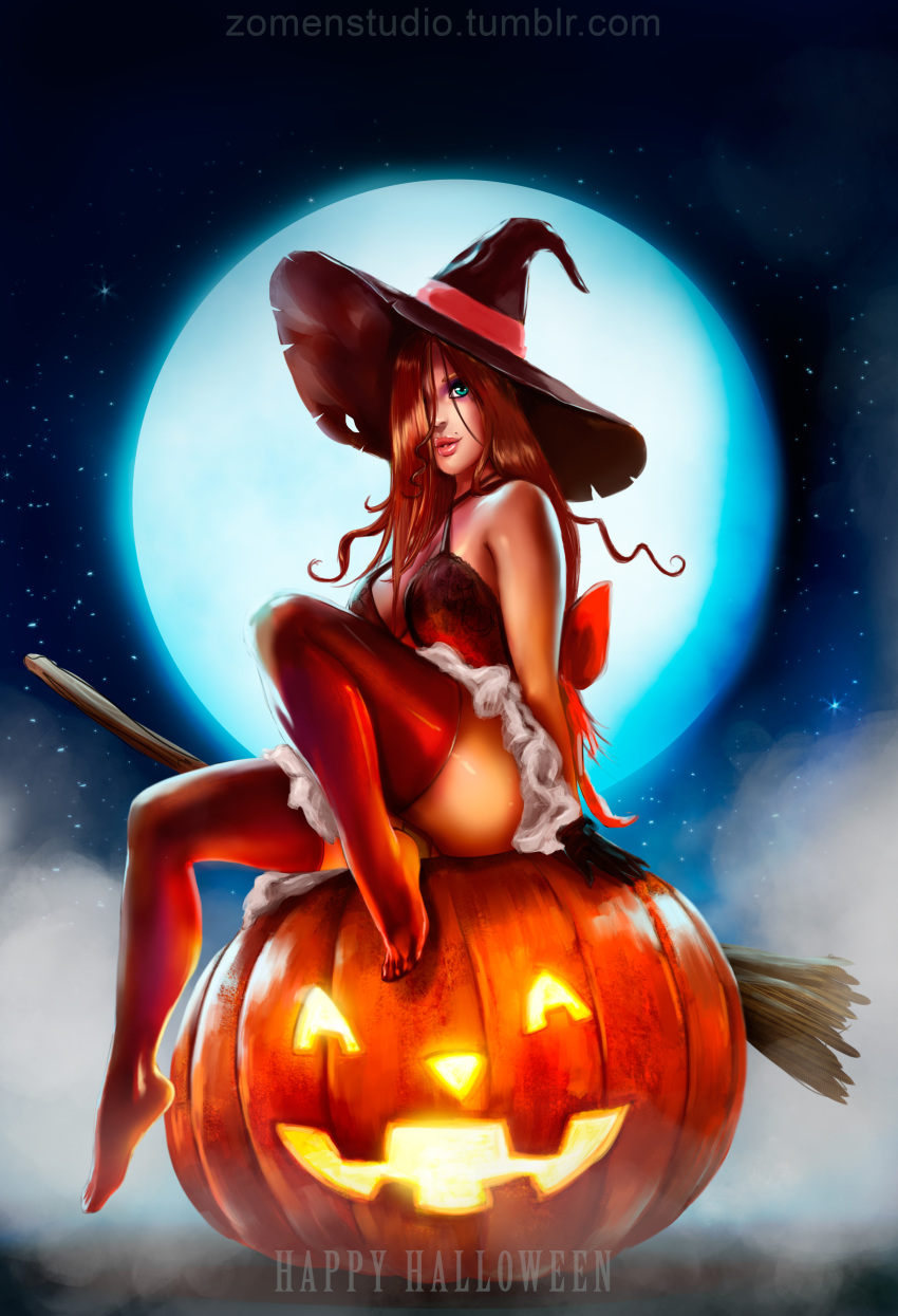 1girl absurdres black_gloves blue_eyes breasts brown_hair chemise full_body full_moon gloves hair_over_one_eye halloween happy_halloween hat highres jack-o'-lantern large_breasts lips lipstick long_hair makeup mole_above_mouth moon nose original sitting sky solo star_(sky) starry_sky thigh-highs witch_hat zomen