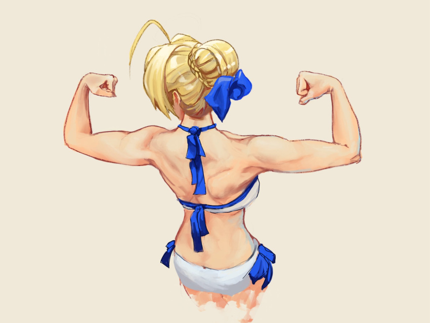 1girl ahoge artoria_pendragon_(all) biceps bikini commentary fate/stay_night fate_(series) flexing from_behind hair_bun highres muscle muscular_female phil_dragash pose saber swimsuit