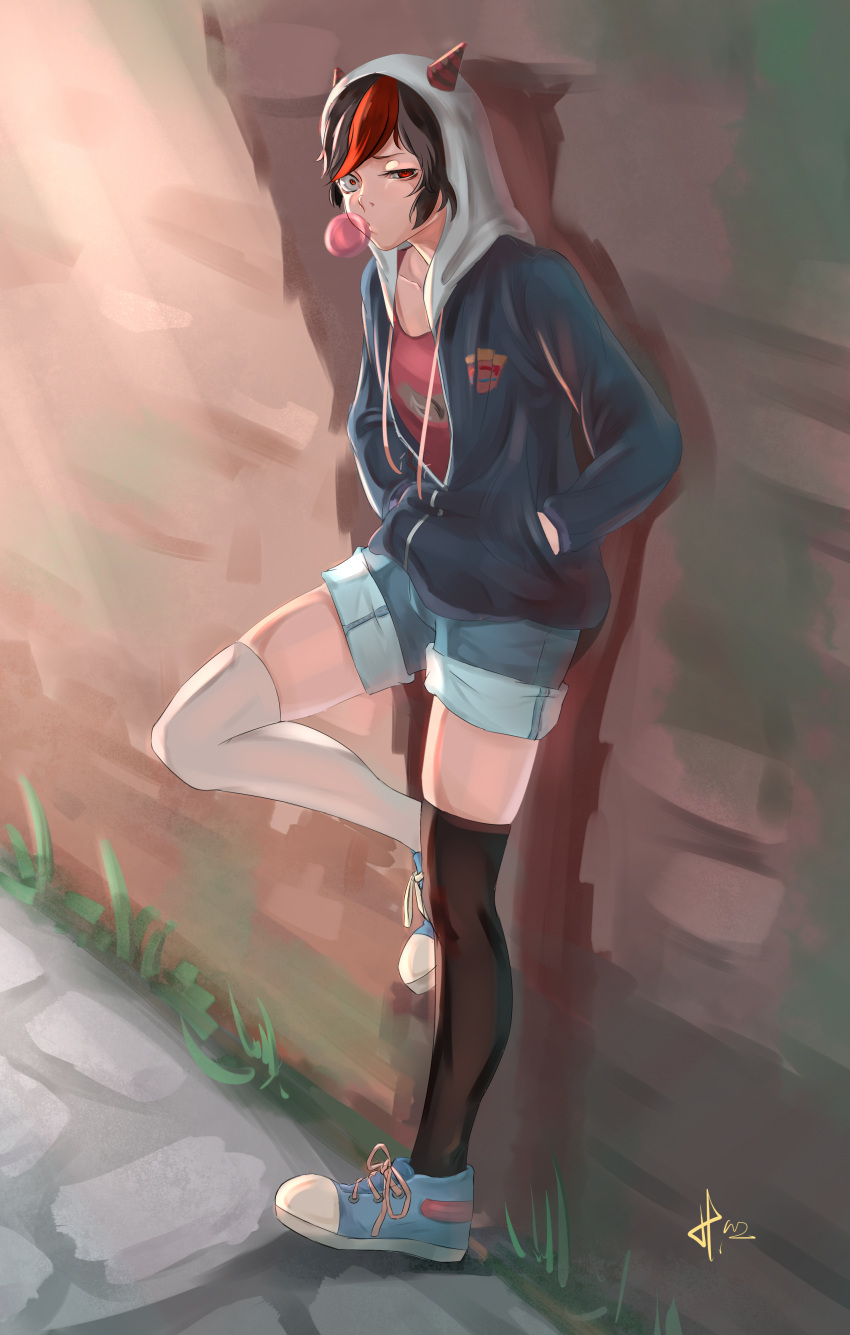 1girl absurdres against_wall black_legwear brick_wall bubble_blowing cobblestone cross-laced_footwear day denim denim_shorts folded_leg grass h.an_(516635864) hands_in_pockets highres hood hoodie horns kijin_seija looking_at_viewer mismatched_legwear outdoors red_eyes red_shirt shade shadow shirt shoes shorts signature sneakers solo thigh-highs touhou uneven_eyes white_legwear