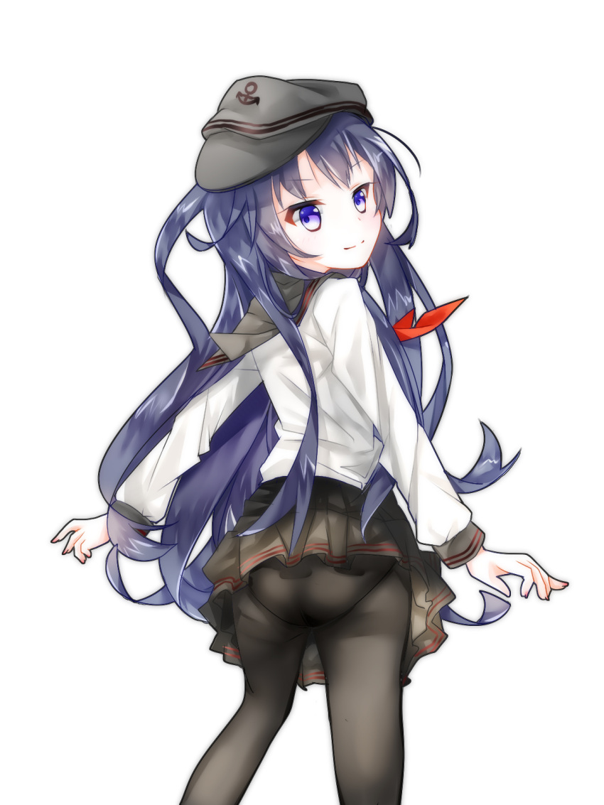 1girl akatsuki_(kantai_collection) anchor_symbol bangs black_hat black_legwear black_skirt blush closed_mouth commentary_request eyebrows_visible_through_hair fingernails flat_cap from_behind hat head_tilt highres kantai_collection long_fingernails long_hair long_sleeves looking_at_viewer looking_back messy_hair neckerchief panties panties_under_pantyhose pantyhose pleated_skirt purple_hair red_neckerchief remodel_(kantai_collection) school_uniform serafuku shirt sideways_hat simple_background skirt smile solo standing underwear violet_eyes white_background white_shirt