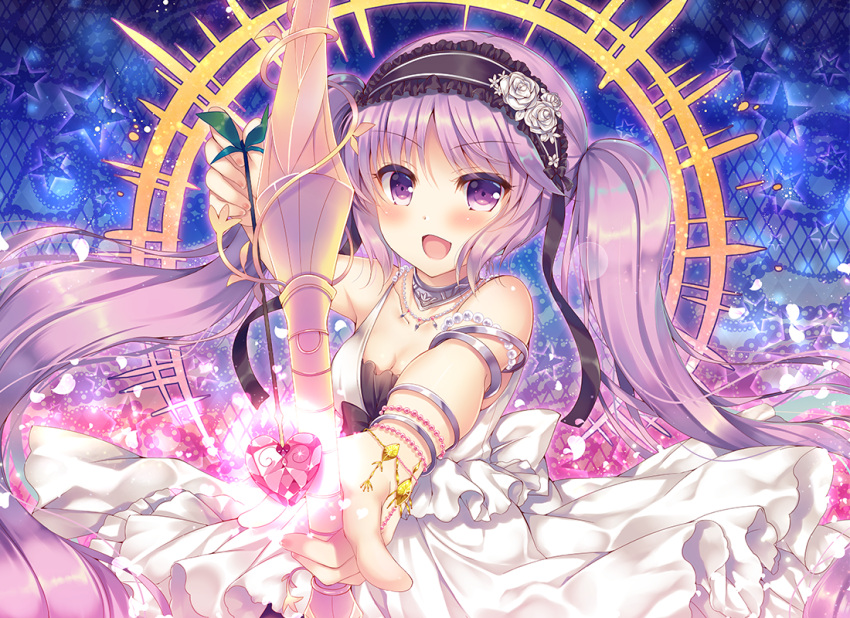 1girl bare_shoulders blush bow_(weapon) dress euryale fate/grand_order fate/hollow_ataraxia fate_(series) hairband lolita_hairband long_hair open_mouth purple_hair smile suzune_rena twintails very_long_hair violet_eyes weapon white_dress