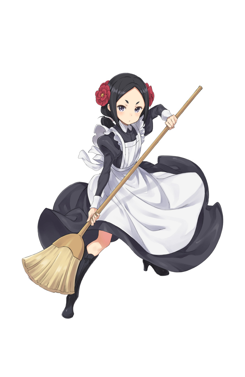 1girl apron black_boots black_eyes black_hair boots broom eyebrows fighting_stance forehead full_body highres looking_at_viewer maid_apron official_art princess_principal princess_principal_game_of_mission solo standing toudou_chise wide_stance