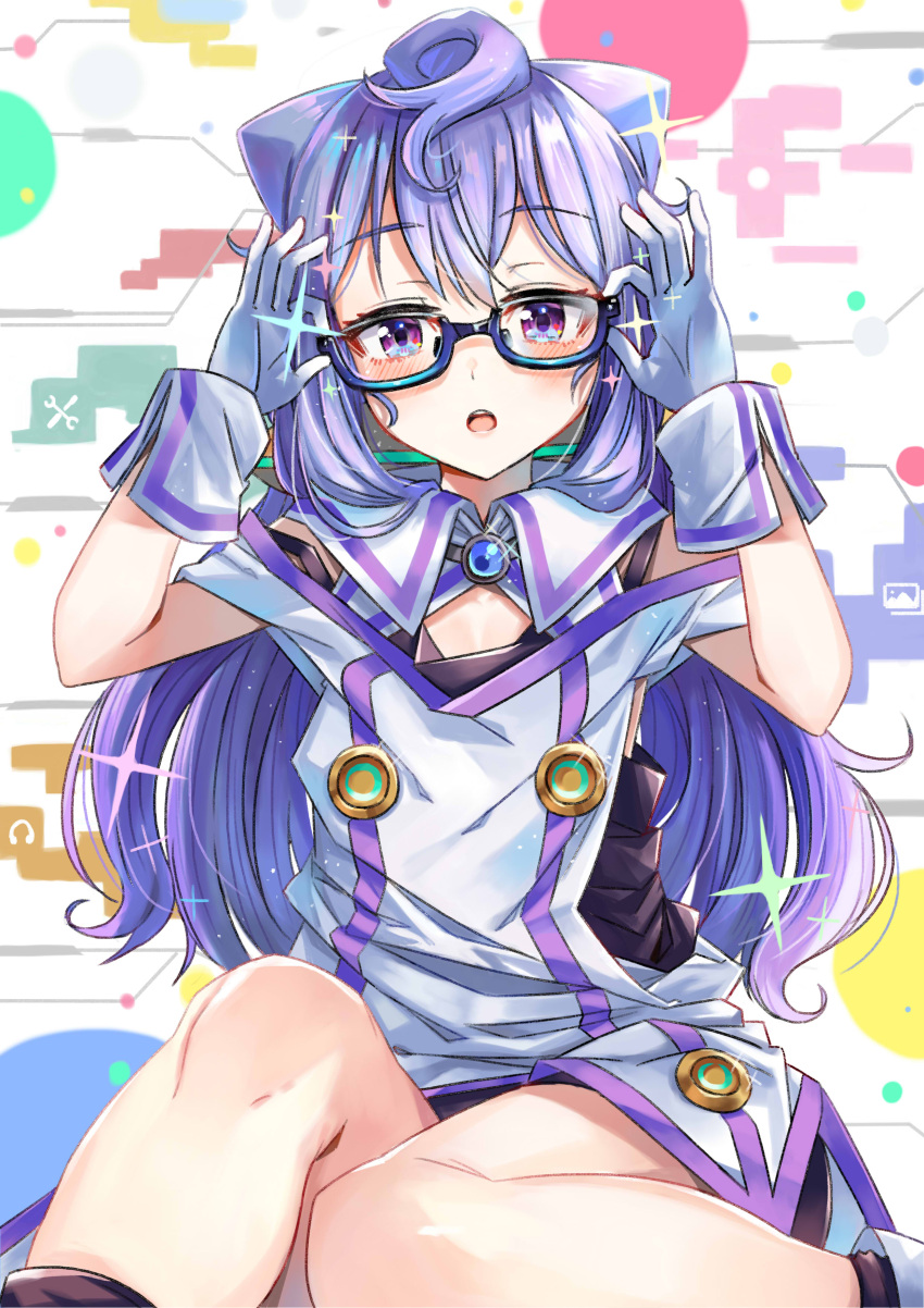 1boy absurdres adjusting_glasses animal_ears cat_ears eyebrows_visible_through_hair glasses gloves hacka_doll hacka_doll_3 highres long_hair looking_at_viewer moze parted_lips purple_hair sitting solo trap violet_eyes white_gloves