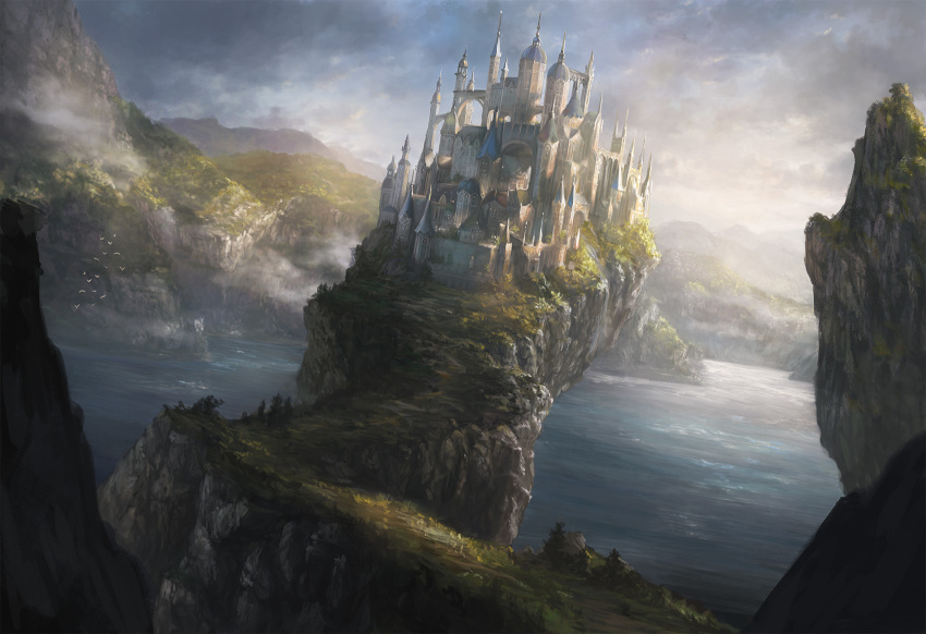 alayna_danner architecture bird castle city cliff clouds cloudy_sky commentary day fantasy flock fog gothic_architecture highres lake landscape no_humans outdoors path road scenery sky water