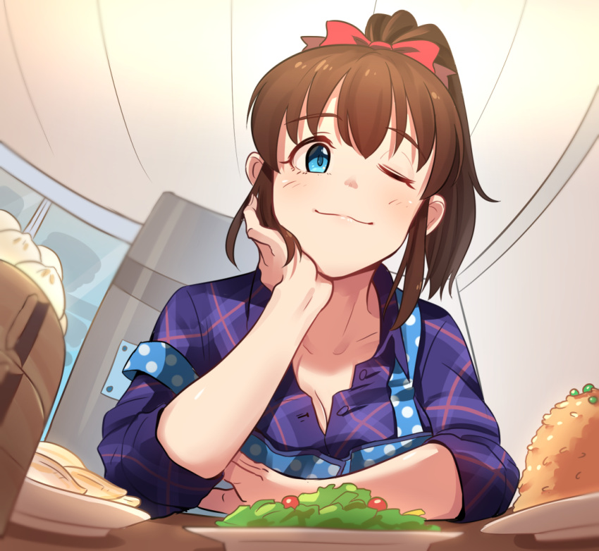 1girl blue_eyes blush bow breasts brown_hair cleavage closed_mouth collarbone eyebrows_visible_through_hair food hair_bow hand_on_own_chin idolmaster idolmaster_million_live! kamille_(vcx68) looking_at_viewer one_eye_closed plate red_bow satake_minako short_hair short_ponytail sitting smile solo