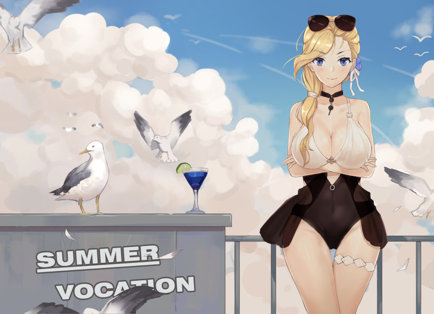 1girl bilan_hangxian bird blonde_hair blue_eyes blush breasts cleavage closed_mouth crossed_arms darcy_(pixiv11949485) eyebrows_visible_through_hair feathers highres hood_(zhan_jian_shao_nyu) large_breasts long_hair looking_at_viewer seagull smile sunglasses sunglasses_on_head swimsuit typo