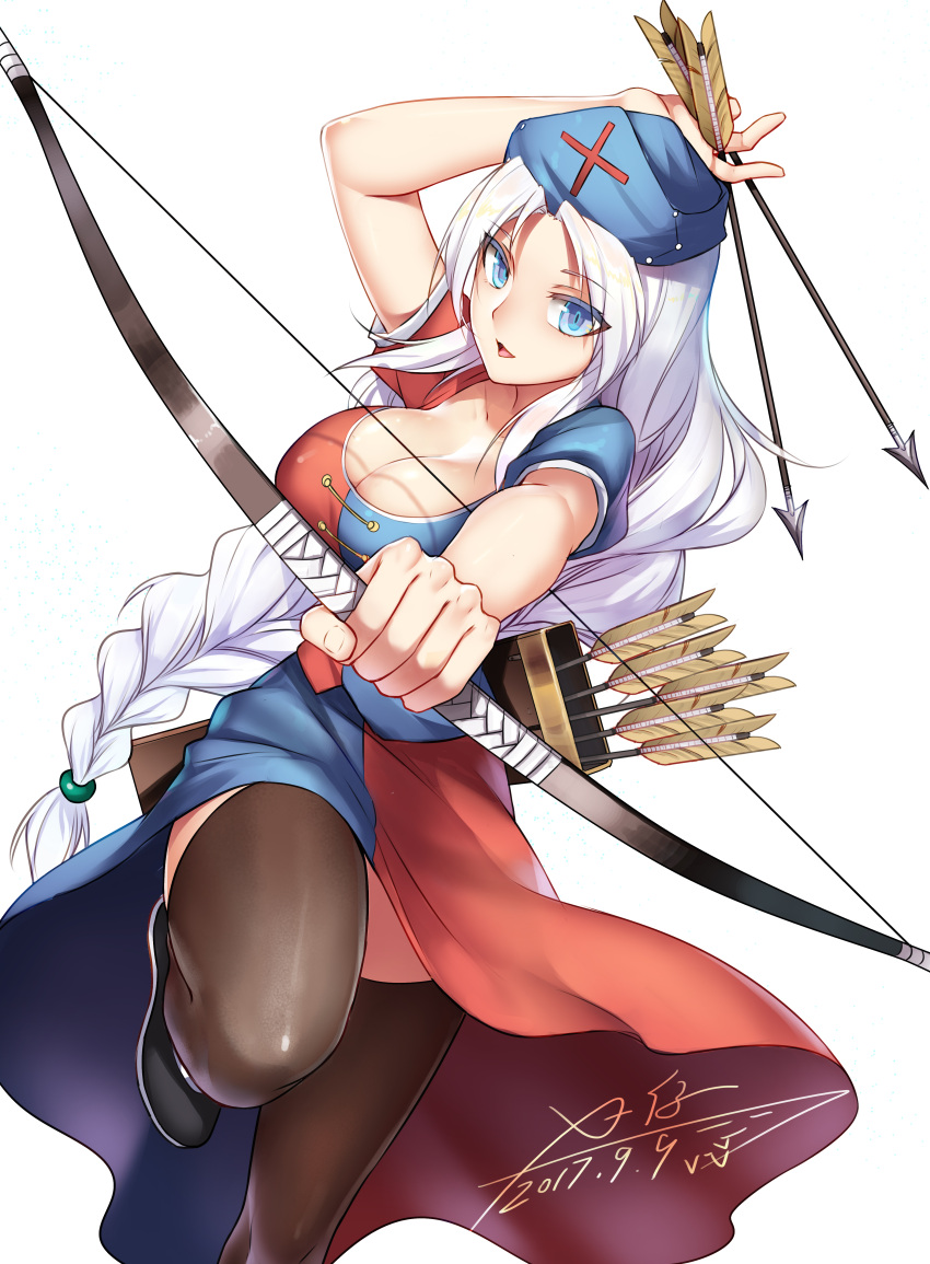 1girl absurdres arrow black_legwear blue_eyes blush bow_(weapon) breasts cleavage collarbone dated eyebrows_visible_through_hair highres holding holding_bow_(weapon) holding_weapon large_breasts looking_at_viewer open_mouth signature silver_hair simple_background smile solo thigh-highs touhou weapon white_background x-boy yagokoro_eirin