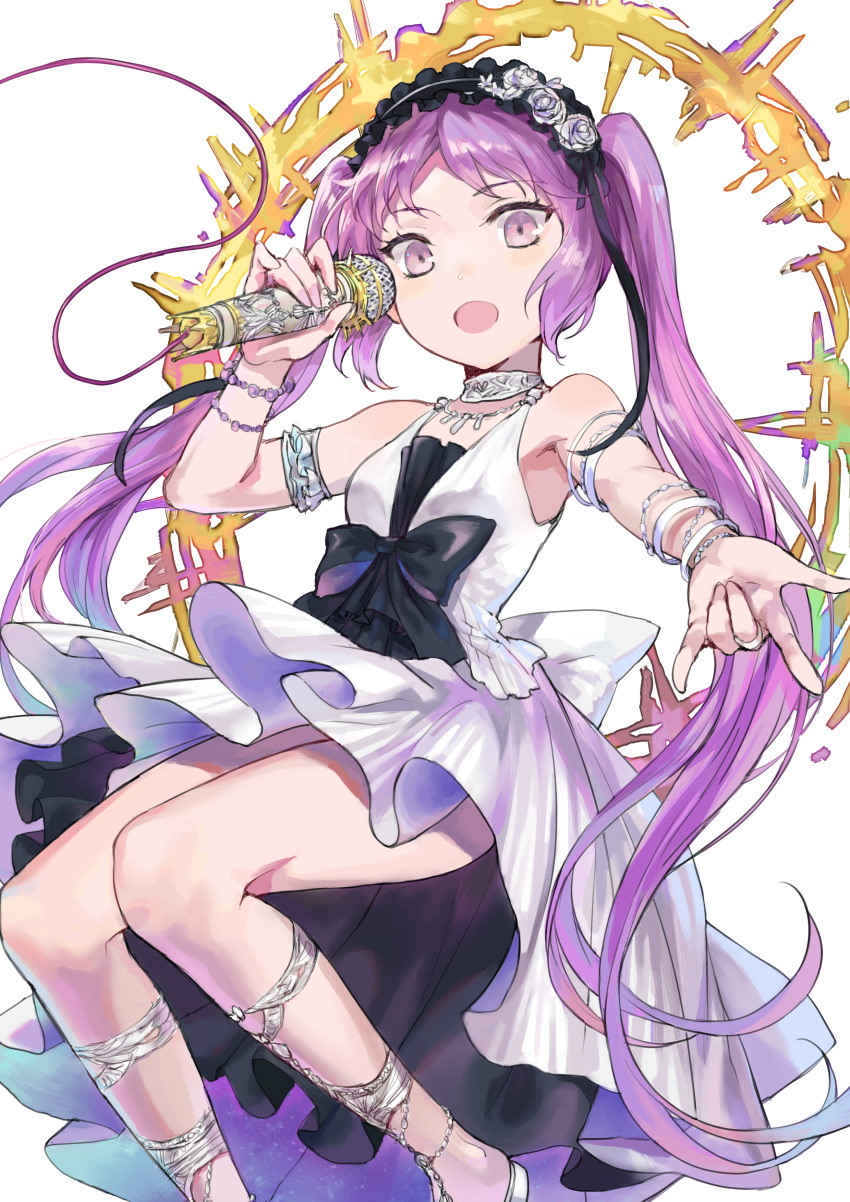 1girl \m/ absurdres bangs blush dress euryale eyebrows_visible_through_hair fate/hollow_ataraxia fate_(series) hand_up headdress highres holding holding_microphone leon_v long_hair looking_at_viewer microphone open_mouth parted_bangs purple_hair sandals sidelocks smile solo thighs tsurime twintails very_long_hair violet_eyes white_dress