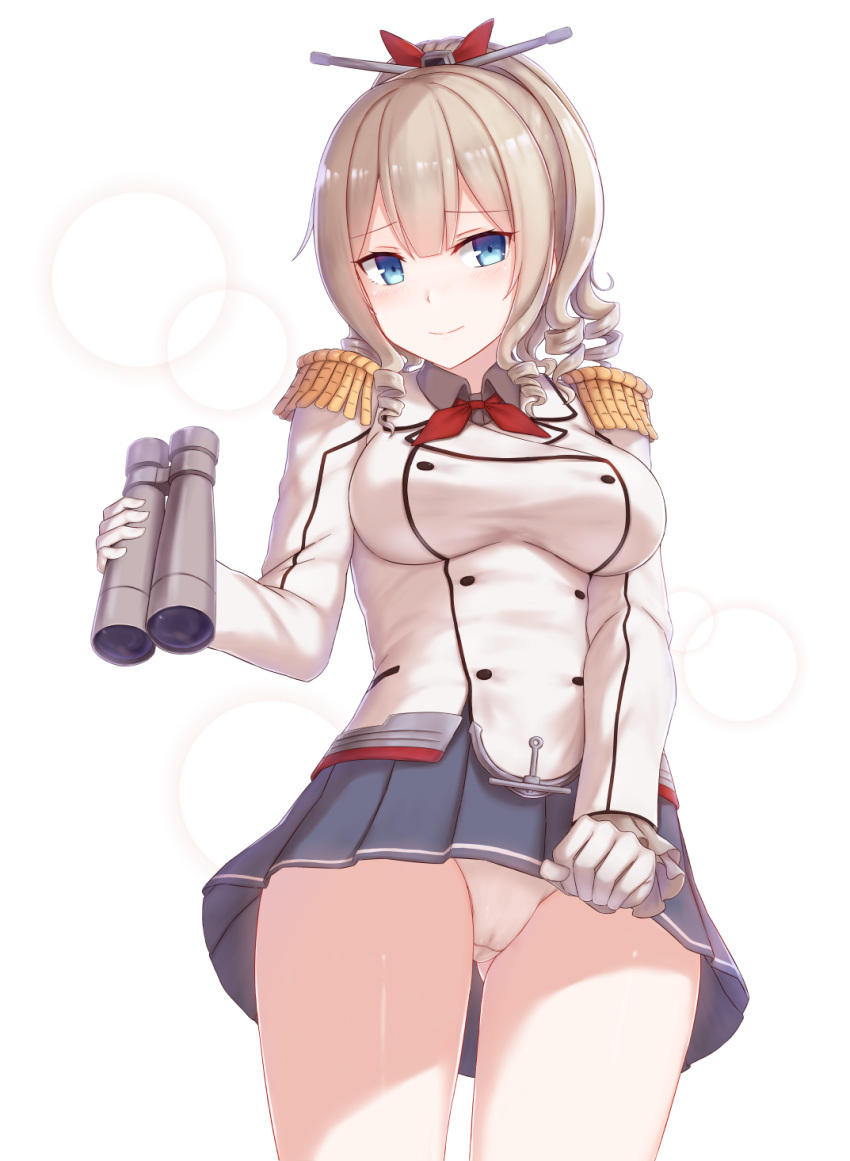 1girl blue_eyes blush breasts cai_geng cosplay epaulettes gloves hatakaze_(kantai_collection) headgear highres kantai_collection kashima_(kantai_collection) kashima_(kantai_collection)_(cosplay) light_brown_hair long_hair looking_at_viewer military military_uniform miniskirt panties pleated_skirt ponytail skirt smile solo underwear uniform white_gloves white_panties