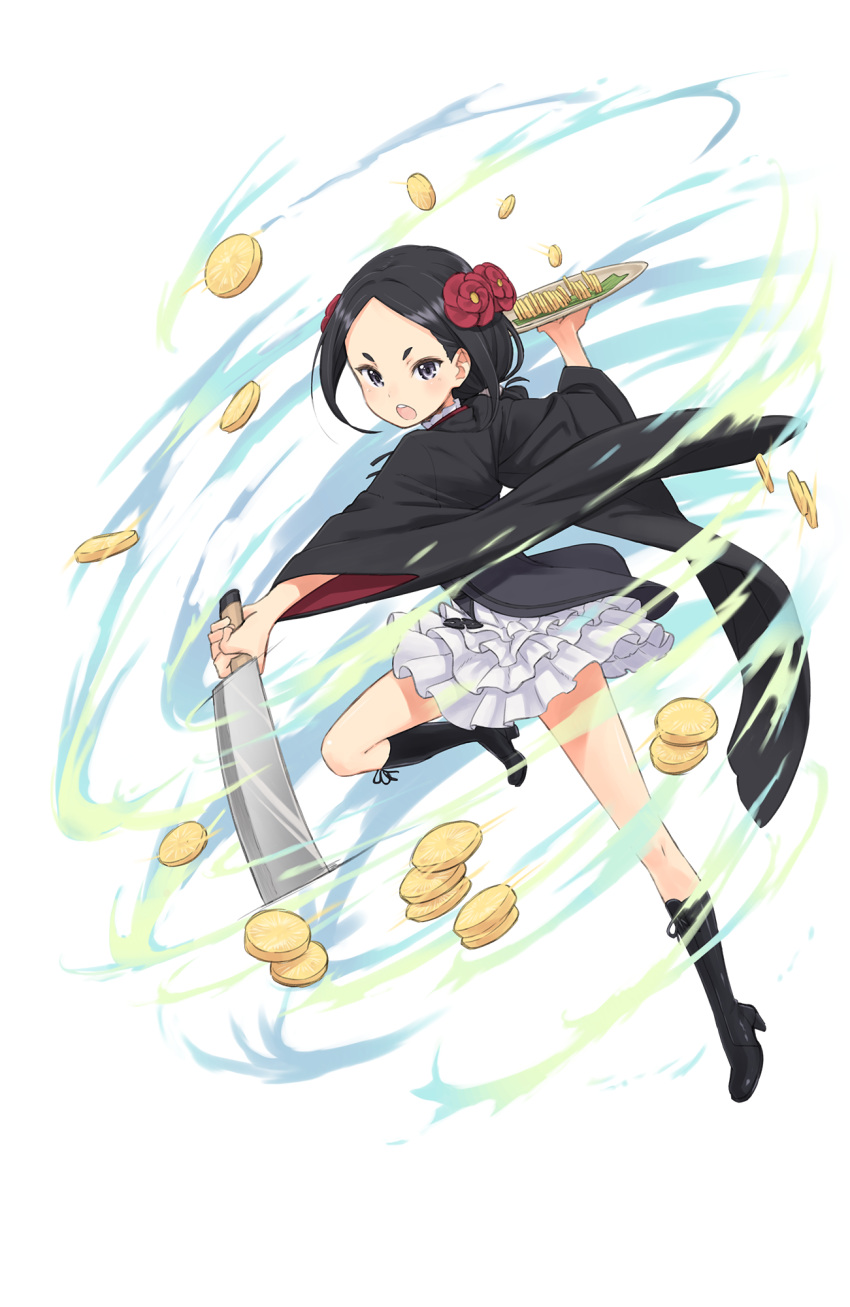 1girl black_boots black_hair boots chestnut_mouth eyebrows flower forehead frilled_skirt frills full_body hair_flower hair_ornament highres holding holding_plate knife looking_at_viewer motion_blur official_art plate princess_principal princess_principal_game_of_mission skirt slicing solo standing standing_on_one_leg toudou_chise white_skirt wide_sleeves