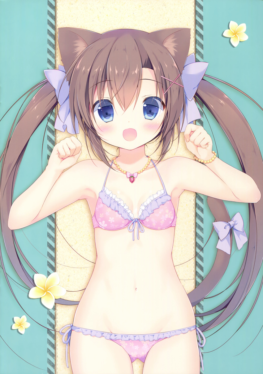 1girl absurdres bikini blue_eyes blush bow bracelet breasts brown_hair cleavage collarbone cowboy_shot day eyebrows_visible_through_hair frilled_bikini frills from_above groin hair_between_eyes hair_bow highres jewelry long_hair looking_at_viewer lying miyasaka_miyu navel necklace on_back open_mouth original outdoors pink_bikini purple_bow small_breasts solo swimsuit twintails very_long_hair
