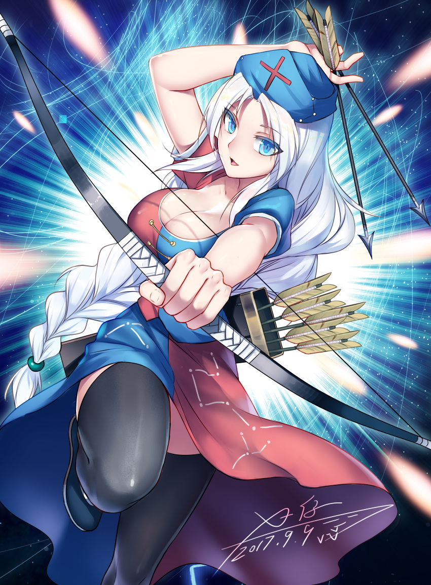 1girl absurdres arrow black_legwear blue_eyes blush bow_(weapon) breasts cleavage collarbone dated eyebrows_visible_through_hair highres holding holding_bow_(weapon) holding_weapon large_breasts looking_at_viewer open_mouth signature silver_hair smile solo thigh-highs touhou weapon x-boy yagokoro_eirin