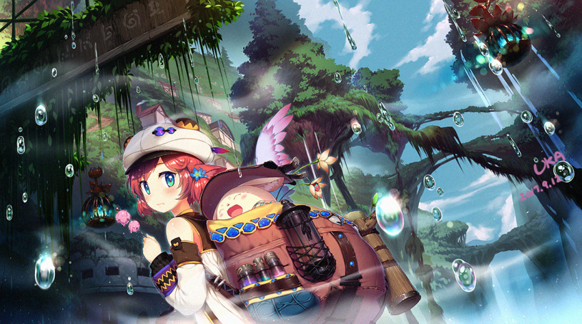1girl backpack bag blush closed_mouth dated flower green_eyes hair_flower hair_ornament house looking_at_viewer original redhead scenery short_hair signature tree water_drop zimajiang