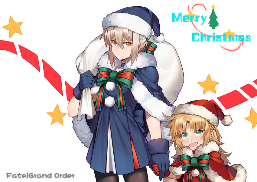 2girls :d absurdres artoria_pendragon_(all) bangs black_legwear blonde_hair blue_dress blue_gloves blush braid capelet closed_mouth copyright_name dress fang fate/grand_order fate_(series) fur_trim gloves grey_hair half_updo hat highres holding looking_at_viewer merry_christmas mordred_(fate) mordred_(fate)_(all) multiple_girls open_mouth pantyhose parted_bangs sack santa_alter santa_costume santa_hat short_dress sidelocks silver_hair simple_background sky smile star star_(sky) starry_sky white_background yorukun younger