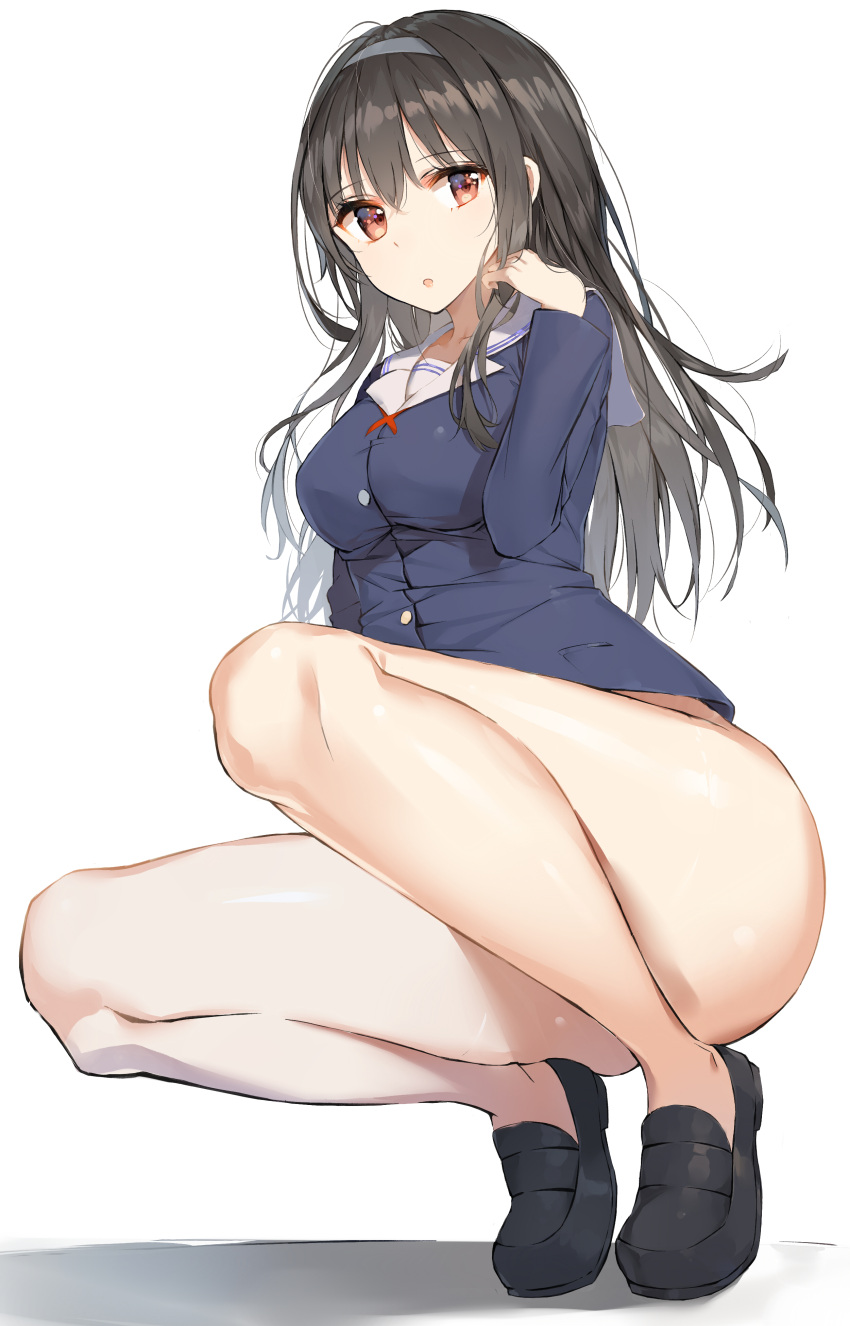 1girl absurdres bangs bare_legs black_hair breasts closed_mouth eyebrows_visible_through_hair hairband highres kasumigaoka_utaha legs loafers long_hair long_sleeves looking_at_viewer medium_breasts no_socks red_eyes rikoma saenai_heroine_no_sodatekata school_uniform shoes simple_background solo squatting thighs tiptoes