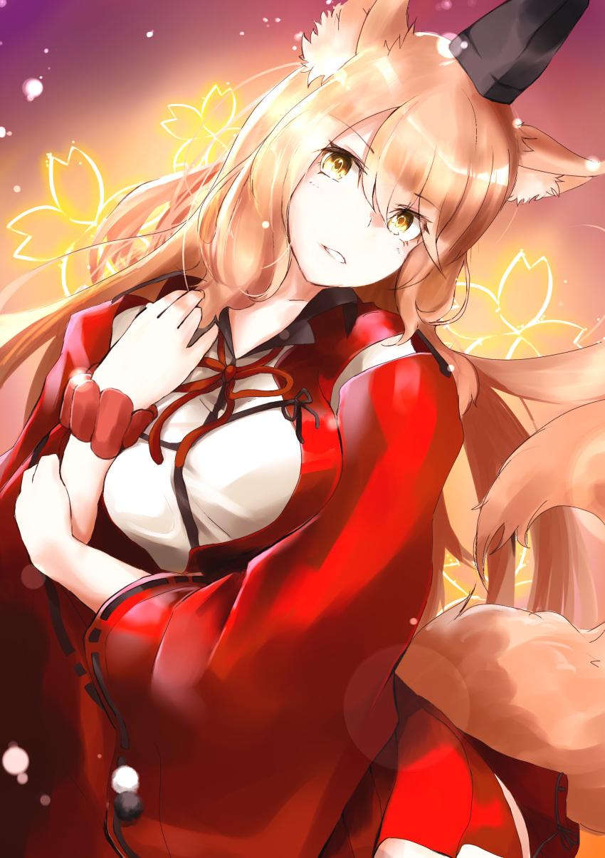 1girl absurdres animal_ears blonde_hair breasts commentary_request fate/extra_ccc_fox_tail fate_(series) fox_ears fox_tail hair_between_eyes head_tilt highres long_hair looking_at_viewer medium_breasts neck_ribbon red_ribbon ribbon saber_(fate/extra_ccc_fox_tail) shirokuma1414 solo tail yellow_eyes