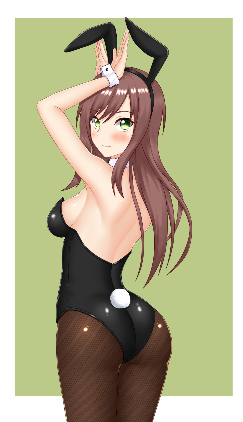 1girl animal_ears ass black_legwear black_leotard blush breasts brown_hair bunny_girl bunny_pose bunny_tail bunnysuit chechoski closed_mouth eyebrows_visible_through_hair fake_animal_ears fishnet_pantyhose fishnets from_behind green_eyes highres leotard long_hair looking_at_viewer outside_border pantyhose rabbit_ears shiny shiny_clothes shiny_hair shiny_skin simple_background small_breasts smile solo standing tail white_border wrist_cuffs