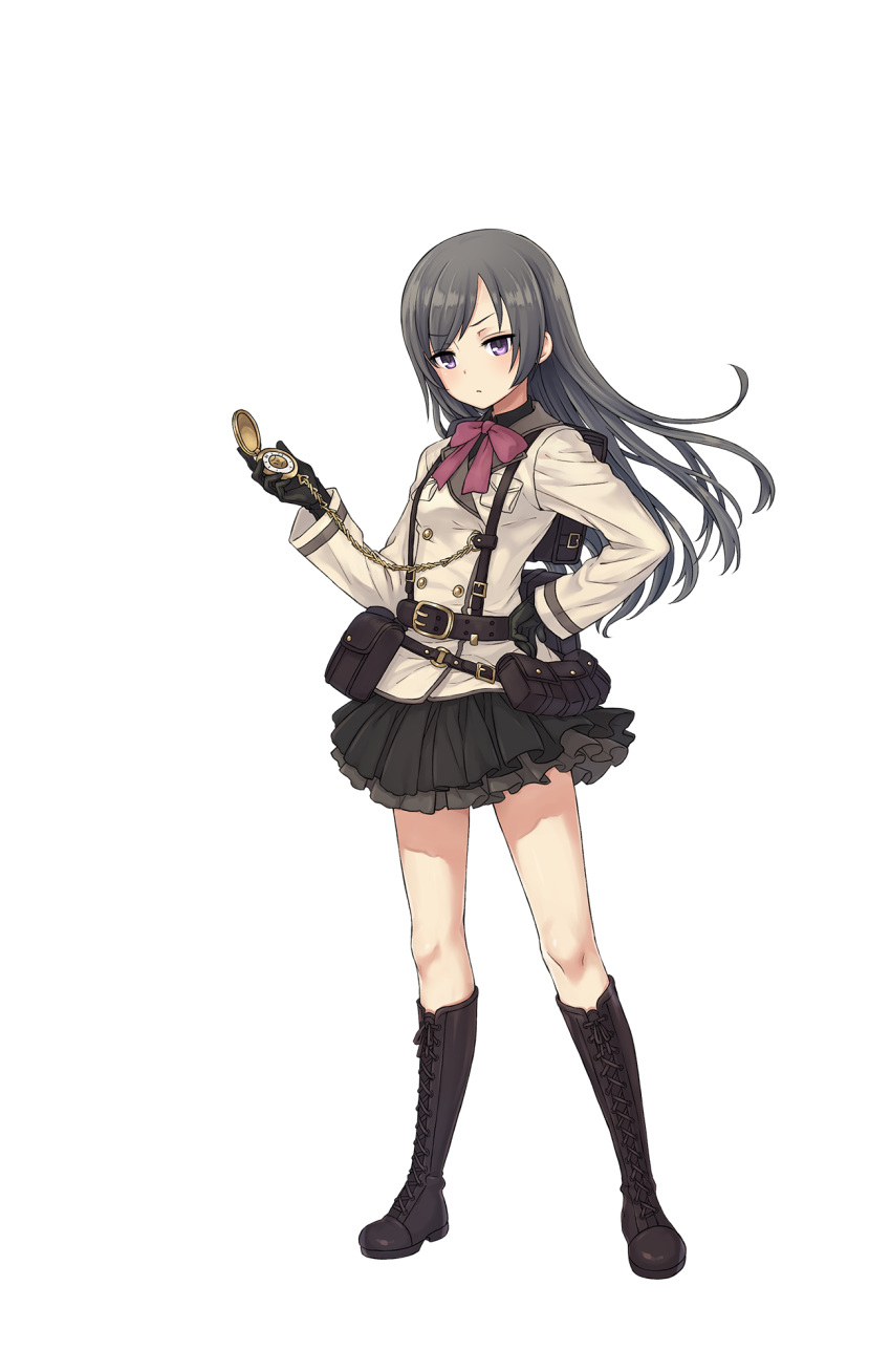 1girl backpack bag belt black_boots black_gloves black_skirt boots bow cross-laced_footwear gloves grey_hair hand_on_hip highres knee_boots long_hair looking_at_viewer official_art pouch princess_principal princess_principal_game_of_mission red_bow skirt solo sophie_mackenzie standing suspenders violet_eyes watch