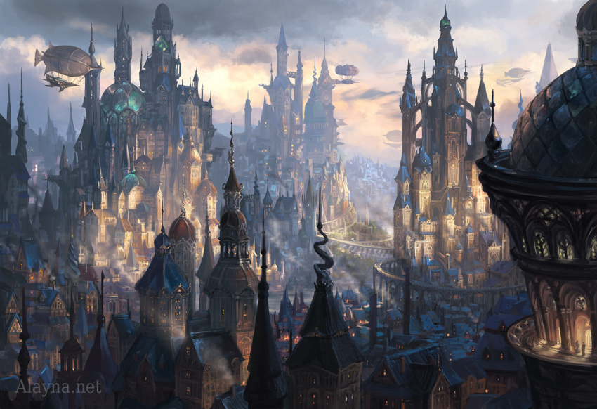 aircraft alayna_danner bell_tower castle city city_lights cityscape clouds cloudy_sky commentary day dirigible fantasy outdoors people sky spire steampunk tower watermark web_address zeppelin
