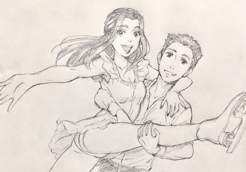 1boy 1girl arm_around_neck brother_and_sister dress graphite_(medium) grin highres ice_skates itou_noriko leg_lift michele_crispino monochrome official_art open_mouth outstretched_arm sara_crispino siblings skates smile traditional_media twins yuri!!!_on_ice