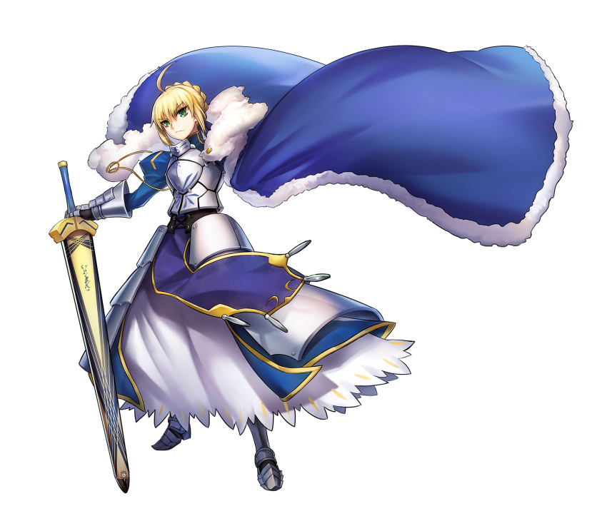 1girl ahoge armor armored_dress artoria_pendragon_(all) blonde_hair blue_cape blue_dress blue_ribbon cape dress fate/stay_night fate_(series) full_body gauntlets green_eyes hair_between_eyes hair_ribbon highres holding holding_sword holding_weapon ribbon saber short_hair simple_background solo standing sword todee weapon white_background