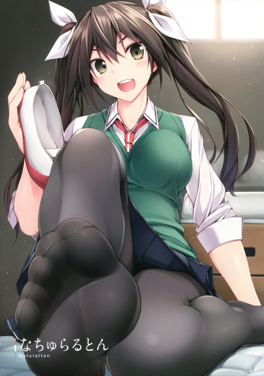&gt;:d 1girl :d absurdres adapted_costume artist_name black_eyes black_hair black_legwear black_skirt blush breasts feet foreshortening hair_ribbon head_tilt highres kantai_collection long_hair looking_at_viewer medium_breasts naturalton necktie open_mouth pantyhose red_necktie ribbon scan shirt shoes_removed skirt sleeves_rolled_up smile solo sweater_vest tone_(kantai_collection) twintails white_ribbon white_shirt