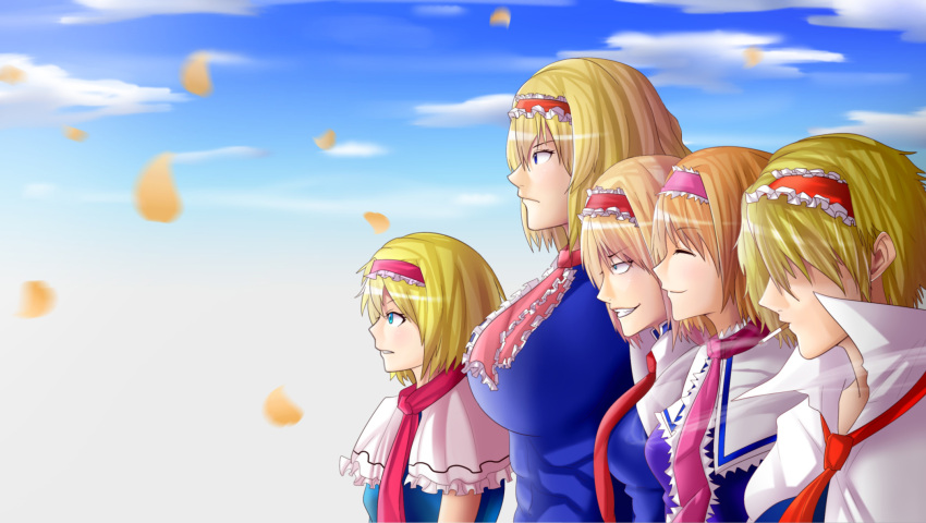 5girls alice_margatroid blonde_hair blue_eyes blush breasts closed_eyes closed_mouth cookie_(touhou) eyebrows_visible_through_hair faceless faceless_female facing_away from_side hairband highres hinase_(cookie) huge_breasts ichigo_(cookie) jigen_(cookie) multiple_girls parted_lips sakamochi sakuranbou_(cookie) short_hair smile taisa_(cookie) teeth touhou