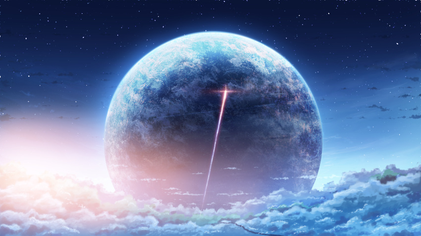 above_clouds clouds commentary_request hati_98 highres no_humans original outdoors planet scenery science_fiction sky star star_(sky) starry_sky sunlight