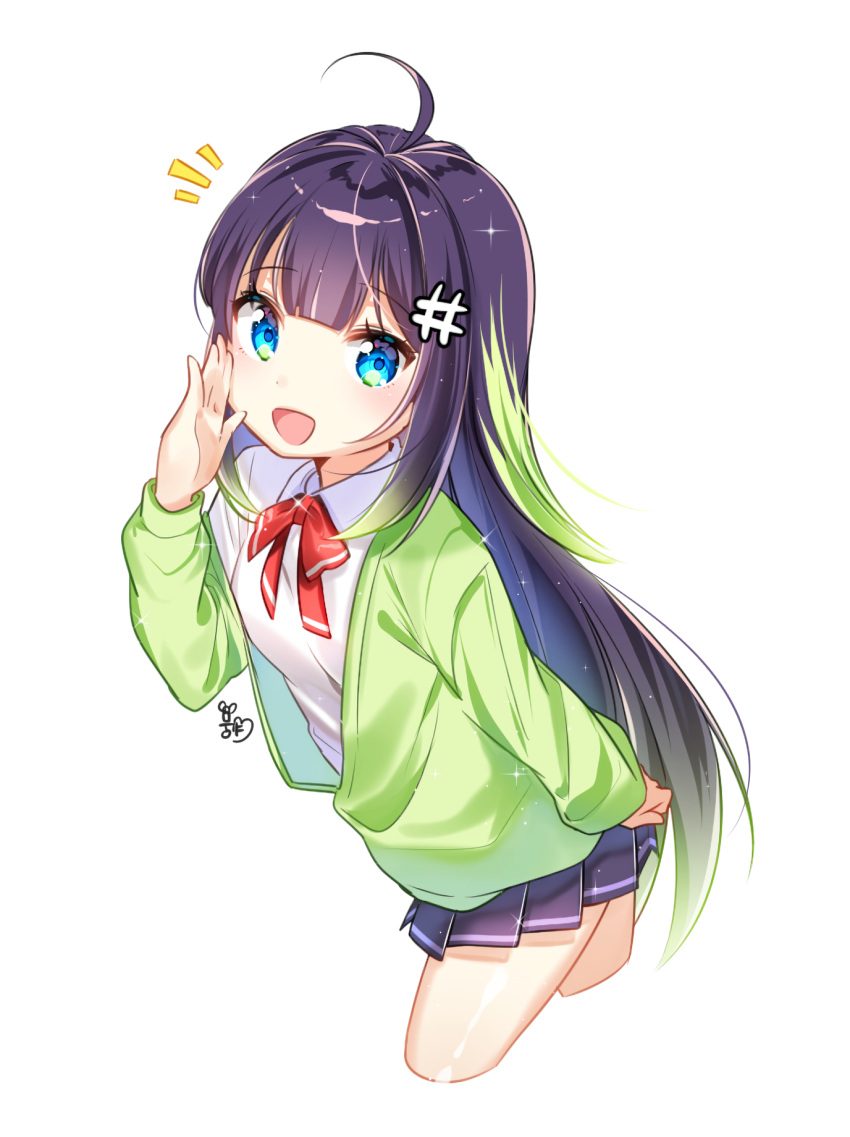 1girl :d ahoge bangs black_hair blue_eyes blue_skirt bow bowtie collared_shirt commentary_request copyright_request cropped_legs eyebrows_visible_through_hair green_hair green_jacket hand_to_own_mouth highres jacket long_hair long_sleeves looking_at_viewer moong_gya multicolored_hair off_shoulder open_clothes open_jacket open_mouth pleated_skirt red_neckwear school_uniform shirt signature simple_background skirt smile solo streaked_hair very_long_hair white_background white_shirt