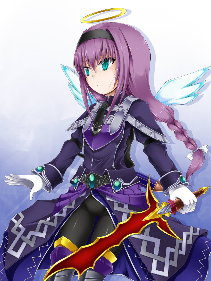 1girl angel_wings armor bangs black_hairband black_legwear black_necktie blue_background closed_mouth commentary_request emil_chronicle_online gem gloves gluteal_fold gradient gradient_background green_eyes hair_between_eyes hairband halo highres holding holding_sword holding_weapon jacket long_hair long_sleeves looking_away necktie pantyhose pauldrons ponytail purple_hair purple_jacket ribbon shadow shimo_(depthbomb) shiny shiny_clothes shiny_hair sidelocks solo standing sword waist_cape weapon white_background white_gloves white_ribbon white_wings wings
