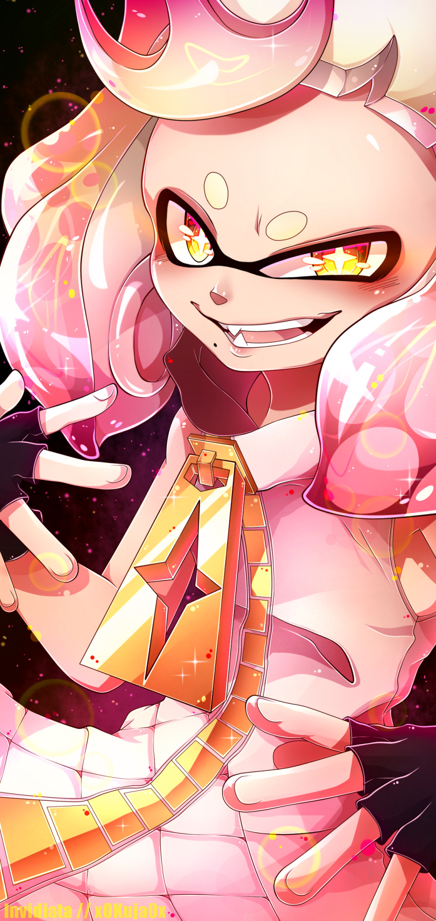 1girl armpit_peek crown domino_mask dress fang fingerless_gloves gloves highres hime_(splatoon) invidiata looking_at_viewer mask mini_crown mole mole_under_mouth short_eyebrows short_hair sleeveless sleeveless_dress smile solo splatoon splatoon_2 teeth tentacle_hair yellow_eyes zipper zipper_pull_tab