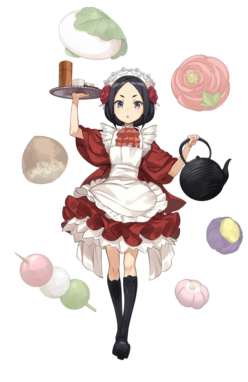 1girl apron arm_up black_boots black_eyes black_hair boots dango eyebrows flower food full_body hair_flower hair_ornament highres holding holding_tray kettle knee_boots looking_at_viewer maid_apron official_art princess_principal princess_principal_game_of_mission solo toudou_chise tray wagashi