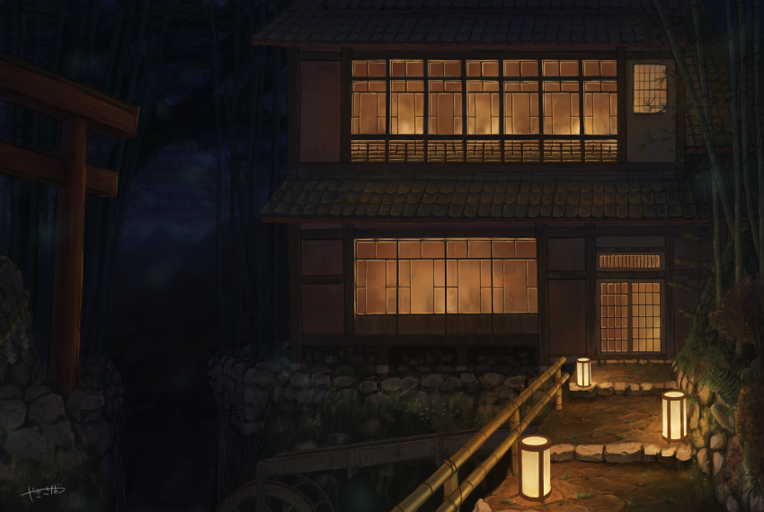 absurdres bamboo commentary_request door fantasy fence highres house lantern light night outdoors path railing road scenery signature somei_yoshinori torii window