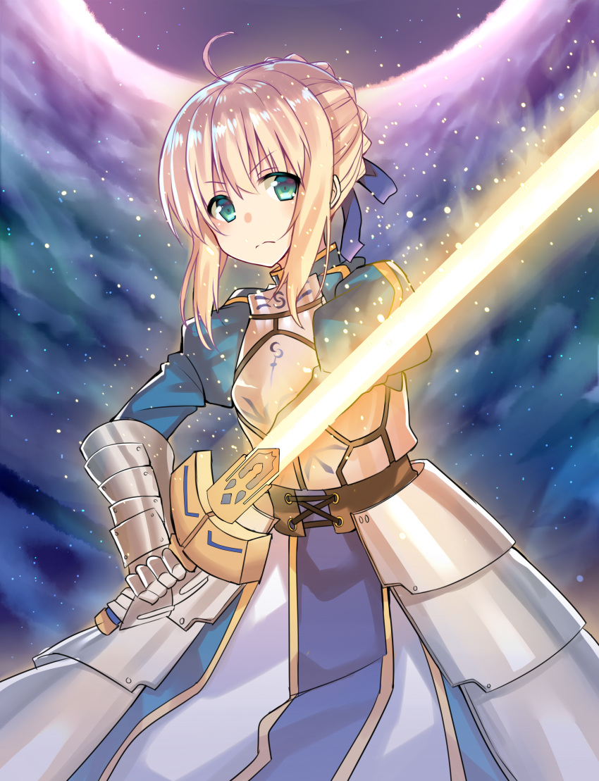 1girl absurdres ahoge armor artoria_pendragon_(all) bangs blonde_hair blue_ribbon braid breastplate closed_mouth cowboy_shot excalibur eyebrows_visible_through_hair fate/stay_night fate_(series) faulds french_braid gauntlets google_(asdek18) green_eyes hair_ribbon highres holding holding_sword holding_weapon juliet_sleeves long_sleeves looking_at_viewer night outdoors puffy_sleeves ribbon saber serious sidelocks solo sword weapon