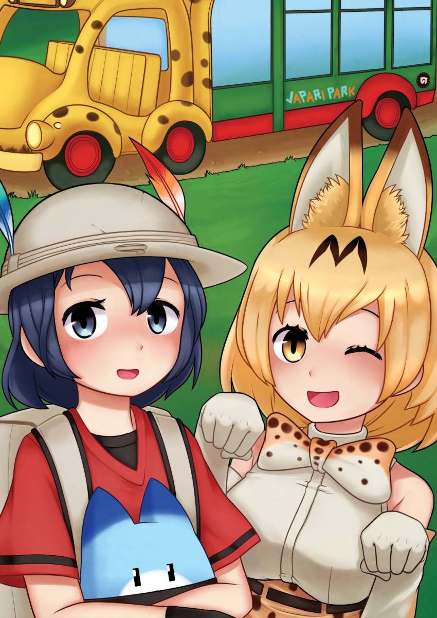 2girls absurdres animal_ears backpack bag black_eyes black_hair blush bow bowtie breasts bucket_hat elbow_gloves eyebrows feathers gloves hat highres jacy japari_bus kaban_(kemono_friends) kemono_friends large_breasts looking_at_viewer lucky_beast_(kemono_friends) multicolored_bow multicolored_bowtie multiple_girls one_eye_closed open_mouth orange_bow orange_bowtie orange_eyes orange_hair red_shirt serval_(kemono_friends) serval_ears shirt short_hair smile white_bow white_bowtie white_gloves