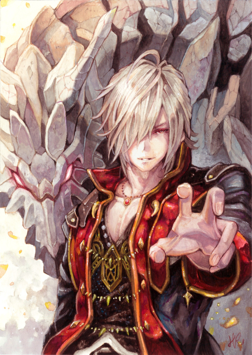 1boy blonde_hair brown_eyes commentary_request glowing glowing_eyes grin hair_over_one_eye highres hoshizaki_reita jewelry long_sleeves looking_at_viewer male_focus medium_hair monster one_eye_covered original parted_lips robe signature smile solo standing traditional_media