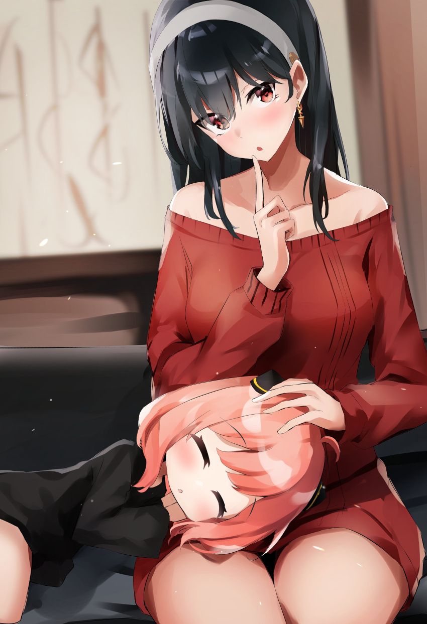 2girls :o absurdres anya_(spy_x_family) bare_shoulders black_dress black_hair breasts child closed_eyes couch dress earrings finger_to_mouth hairband hand_on_another's_head highres index_finger_raised jewelry lap_pillow long_hair looking_at_viewer mother_and_daughter multiple_girls nanashinayuzu_mochi no_pants off-shoulder_sweater off_shoulder on_couch pink_hair red_eyes red_sweater shushing sitting sleeping spy_x_family straight_hair sweater thighs white_hairband yor_briar