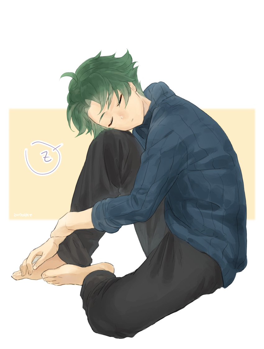 1boy alm_(fire_emblem) barefoot closed_eyes dated fire_emblem fire_emblem_echoes:_mou_hitori_no_eiyuuou futabaaf green_hair highres male_focus simple_background sitting sleeping solo white_background